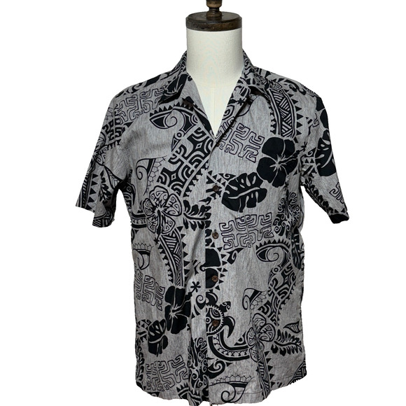 RJC Hawaiian Shirt Mens Medium Black Gray Floral Short Sleeve Button Up Beachy - Picture 1 of 8